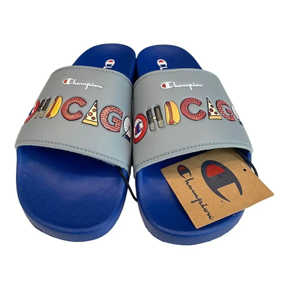NEW Champion Men's IPO CHI Chicago Grey Blue Slide Sandals
